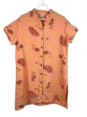 Click Color Me Cotton Linen Peach Floral Button-Front Tunic Shirt Size XL USA